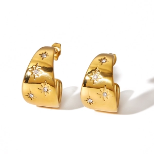 U-shaped gold plated earrings with starburst engraving and sparkling tiny crystals