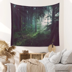 Bohemian forest tapestry showing deep jungle sunrise for bedroom wall decoration
