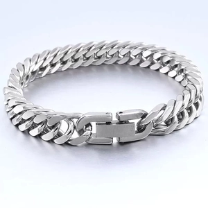 Polished silver titanium steel double-weave curb chain bracelet with jewelry clasp for men