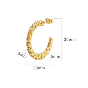 Golden 30mm twisted C-shaped hoop earrings in stainless steel with a spiral rope design