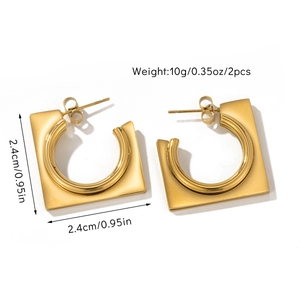 Macro detail of 18k gold plated geometric square earrings showing 2.4cm size and weight