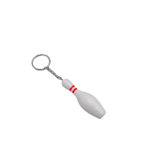 White bowling pin keychain with red stripes and silver chain on a white background