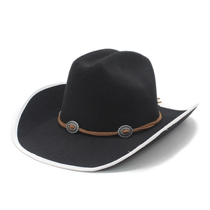 Classic black felt cowboy hat with white stitched brim and vintage concho leather band