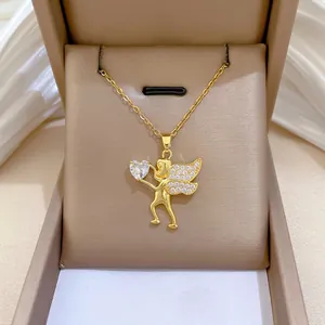 Angel Cupid Pendant Necklace Heart Shaped Cubic Zirconia Titanium Steel Chain Copper Jewelry For Women Elegant