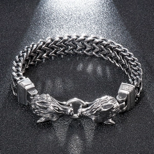 Bracelet homme punk avec têtes de loup en acier inoxydable et chaîne tressée épaisse