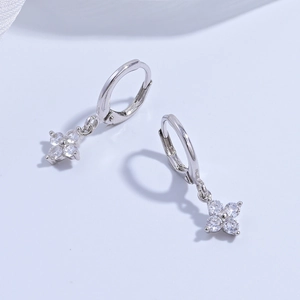 Elegant S925 sterling silver four-leaf clover hoop earrings with sparkling white zircons
