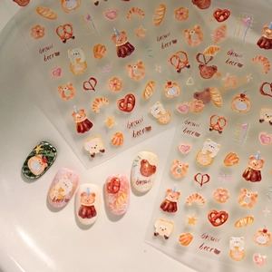 Cute Cartoon Bear Bread Nail Art Stickers Ultra Thin 3D Laser Glitter Manicure Decals DIY Decoration For Women Girls