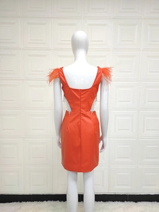 Vue arrière d'une robe moulante orange avec plumes d'autruche et glands en strass
