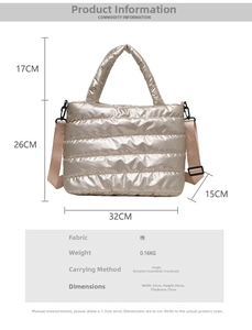 Detailed dimension chart showing a champagne gold quilted tote bag with specific measurements