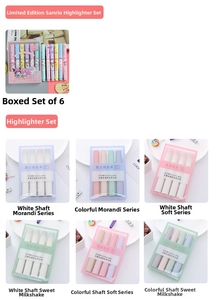 Macro shot of assorted colorful soft-tip highlighter pen sets with pastel and Morandi inks