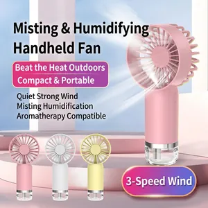 Portable mini misting fan in pink, white, and yellow with humidifier and 3-speed wind