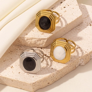 French Retro Adjustable Open Ring 304 Stainless Steel Enamel Geometric Octagonal Vintage Jewelry For Women Men