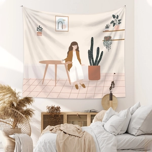 Detail of bohemian wall tapestry showing a woman dining among plants in a cozy bedroom
