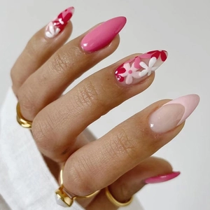 Press On Nails Pink Almond Shape Floral Pattern French Tip Glossy Artificial Fake Nails For Women Girls Sweet Style