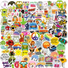 Detailed pile of 100 colorful VSCO style waterproof vinyl stickers with various patterns