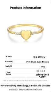 Detail of S925 sterling silver heart ring with cubic zirconia stones and gold plating