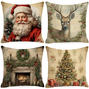 Set of 4 vintage Christmas pillow covers with Santa, reindeer, and tree prints