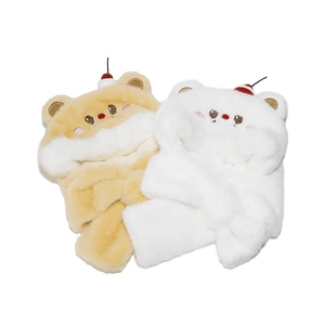 Cute bear plush winter hood with cherry detail in cream and white faux fur style
