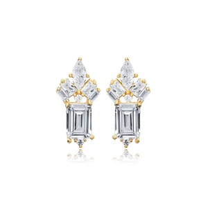 Macro shot of S925 silver needle earrings with emerald and marquise cut cubic zirconia