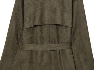 Detail of faux suede coat back flap and waist belt in dark olive green color