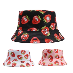Bucket Hat Polyester Emoji Strawberry Print Sun Protection Double Sided Wearable Summer Outdoor Casual Cute Novelty