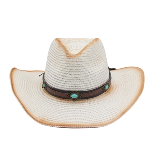 Western Cowboy Woven Straw Hat With Faux Turquoise Leather Band Bohemian Wide Brim Outdoor Sunshade Windproof Rope