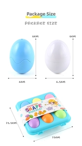 Detailed size chart for 6pcs Easter eggs shape puzzle toy set with blue tray