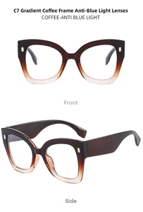 Detailed front and side view of gradient brown cat eye glasses with anti-blue light lenses