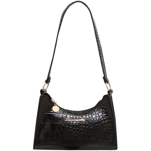 Minimalist black crocodile pattern faux leather underarm bag with gold hardware for women