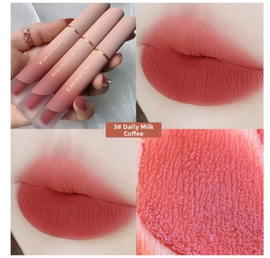 Detailed swatches of matte velvet lip glaze in shade 3 milk coffee for a smooth look