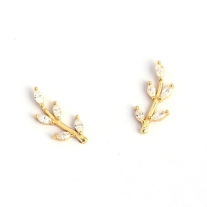 Elegant gold leaf branch earrings with five marquise-shaped clear gemstones in S925 silver