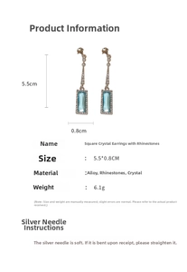 Detailed view of silver needle square zircon earrings with blue glass and tassels