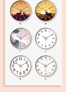 Collage of 12-inch silent plastic wall clocks with various modern and nordic artistic patterns
