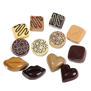 Detailed view of assorted resin chocolate charms in heart and square shapes for DIY crafts