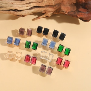 Elegant rectangle crystal zircon stud earrings in multiple colors with gold finish