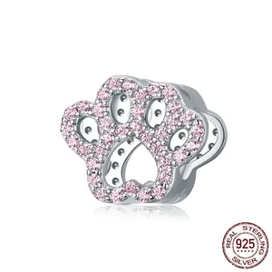 Pink cubic zirconia paved paw print charm bead in S925 sterling silver for DIY jewelry