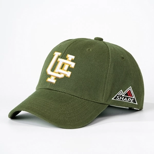 Army green cotton baseball cap with UF SHAPE embroidery seen from a 45-degree angle view