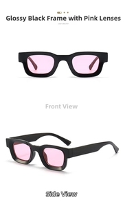 Front and side views of thick black square sunglasses with pink lenses and glossy finish
