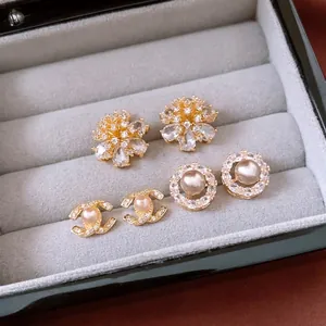 14k gold plated pearl flower earrings set with zircon studs in vintage French style