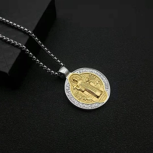 Vintage punk Saint Benedict medal pendant necklace in silver and gold stainless steel finish