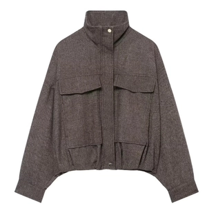 Women Herringbone Bomber Jacket Stand Collar Large Flap Pockets Loose Fit Zipper Tweed Coat Casual Outwear