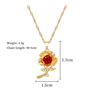Detail shot of a red rose pendant with gold chain, includes weight and dimension specs