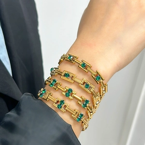 Vintage 18K gold plated stainless steel bracelet set with square emerald green gemstones