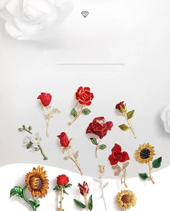 Detailed collection of alloy flower brooches featuring rose, sunflower, and crystals