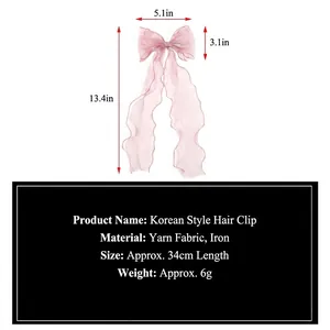 Pink sheer organza bow hair clip with long ribbons for women, Korean style accessory