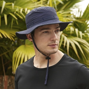 Detail of dark blue waterproof sun hat with adjustable windproof cord for fishing