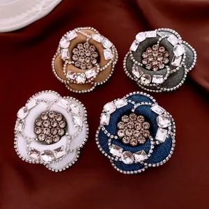 Camellia Flower Brooch Fabric Rhinestone Elegant Vintage Clothing Jewelry Pin For Women Accessories Decorative