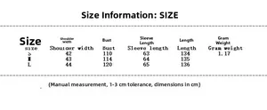 Detailed size chart for long faux leather coat showing shoulder, bust, and length in cm