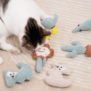 Cat plush toy set featuring soft corduroy floral and animal shapes for interactive indoor play