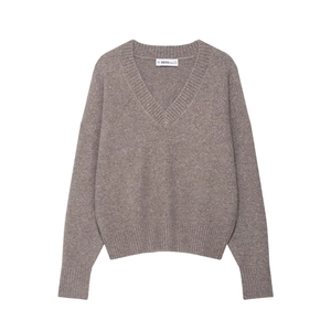 Women's minimalist soft V-neck knit sweater in taupe grey with ribbed cuffs and hem